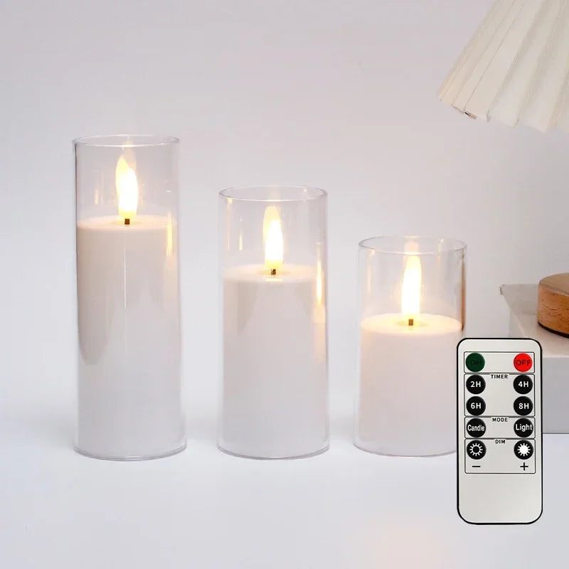 Led Electronic Candles Light Flameless Remote Timer Flickering Lamp Clear Acrylic Glass Battery Powered Wedding Party Christmas