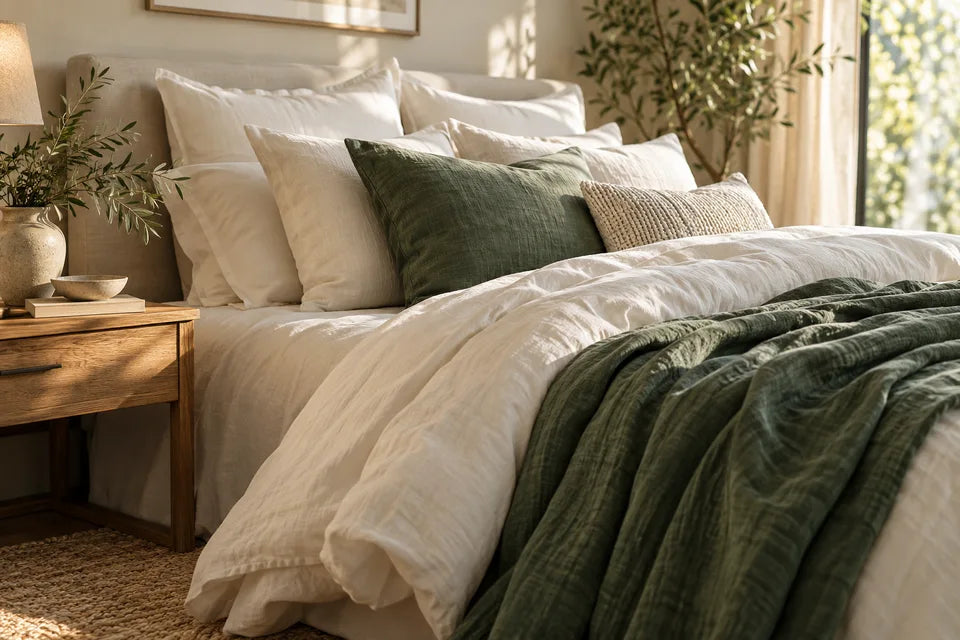 Ivory bedding and sage linen in a restful bedroom