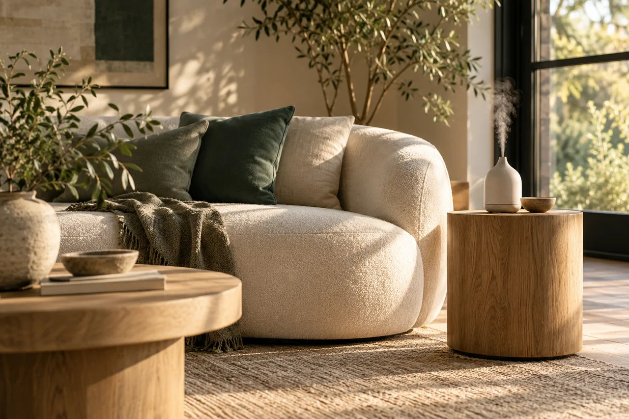 Sunlit living room with ivory seating and sage green accents