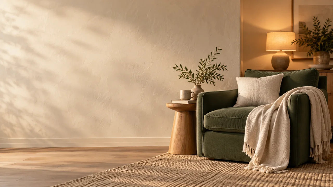 Sage armchair and soft evening light in a comfortable home